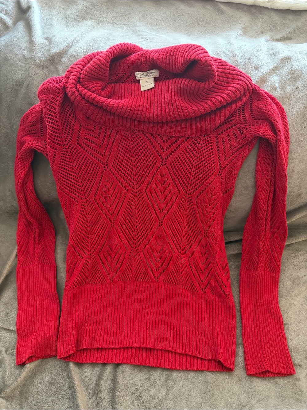 Lucky Brand Red Open-Weave Cowl Neck Sweater